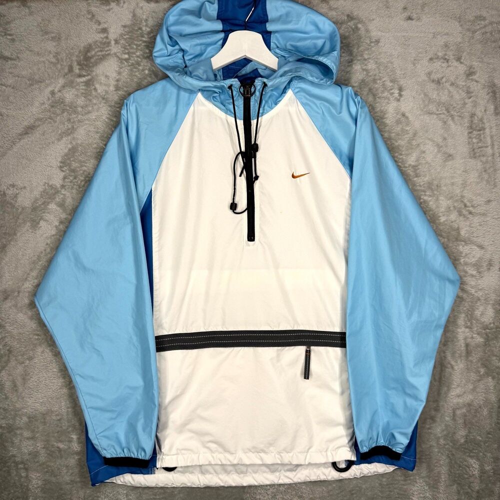 VTG 90s Nike Anorak Jacket Women XL 16-18 Colorblock White Blue Windbreaker Logo